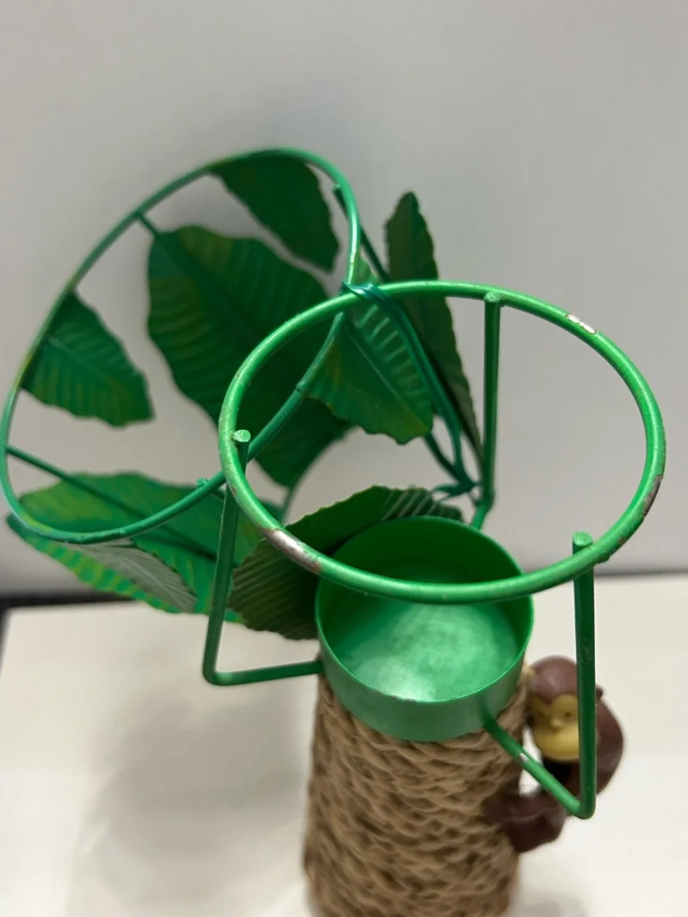 Vintage Palm Tree Wicker Tealight Monkey and Removable Metal Tealight Leaf Shade